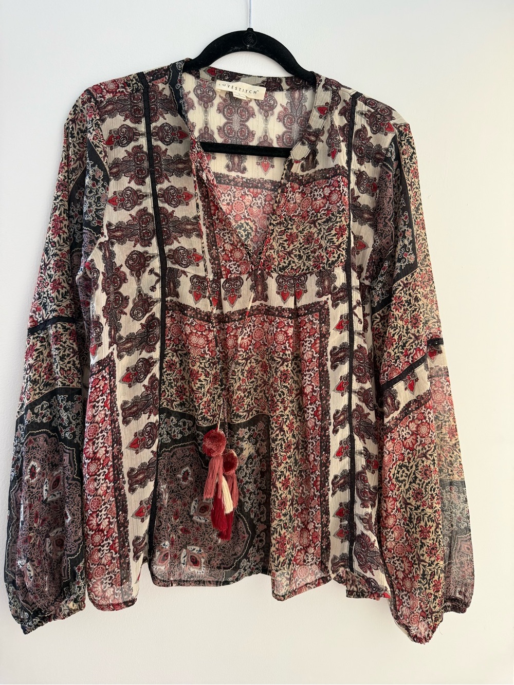 Lovestitch Boho Paisley Patchwork Tassel Blouse Top Size L